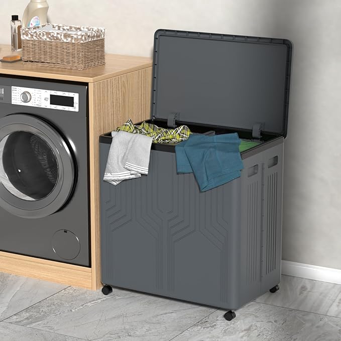 2 Section Collapsible Dirty Clothes Basket, 120 L Large Rolling Laundry Hamper with Lid, Plastic, Grey