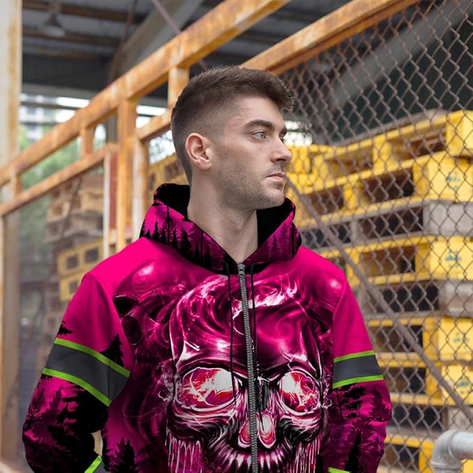 Maddly Hi Vis Reflective Zip Up Hoodie, High Visibility Safety Jacket with Skull Design for runner, worker, trucker, cyclist