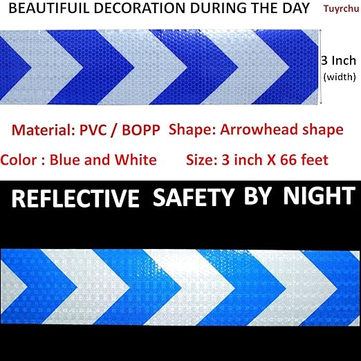 Blue and White Reflective Tape Outdoor Waterproof 3 inch X 66 feet, High Visibility Hazard Conspicuity Safety Industrial Marking Tape