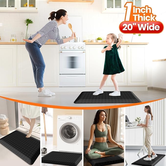 StepRite 1” Thick Kitchen Mats for Floor, Anti Fatigue Kitchen Rugs, Non-Slip,Heavy Duty Waterproof Kitchen Rug, Standing Desk Mat，Xmas Decor，Gifts for Friends, Family, Home, Kitchen, Office, (Black)