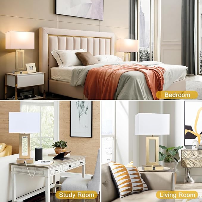 22’’ Set of 2 Touch Control Table Lamps w. 2 USB Ports, 3-Way Dimmable Bedroom Bedside Nightstand Touch Lamps, Modern Gold&White Lamps for Living Room End Table, LED Bulbs Included