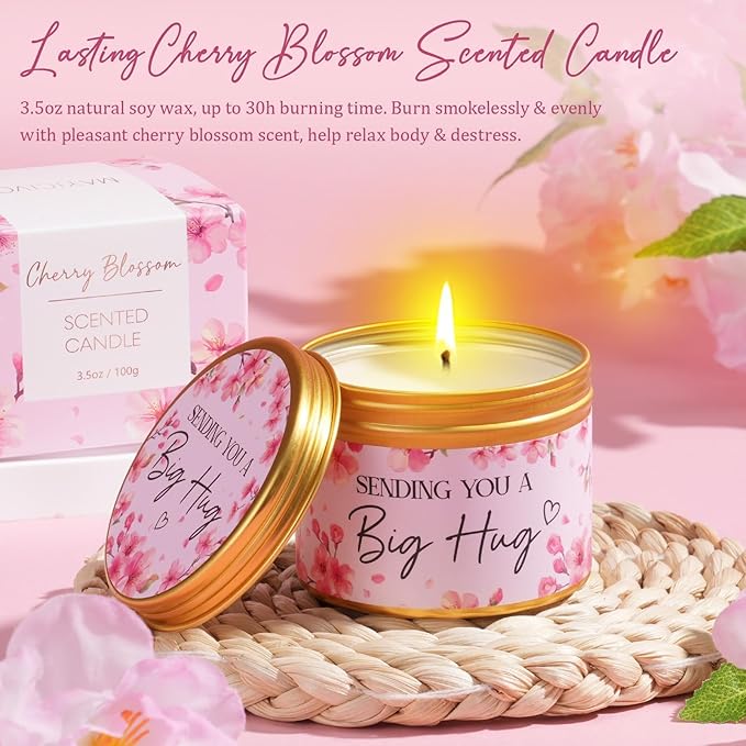 Birthday Gifts for Women Self Care Gift, Cherry Blossom Relaxing Spa Gift Baskets Bath Set Get Well Soon Care Package Valentines Day Gifts for Her Mom Women Sister Friend Wife Grandma w/ Blanket