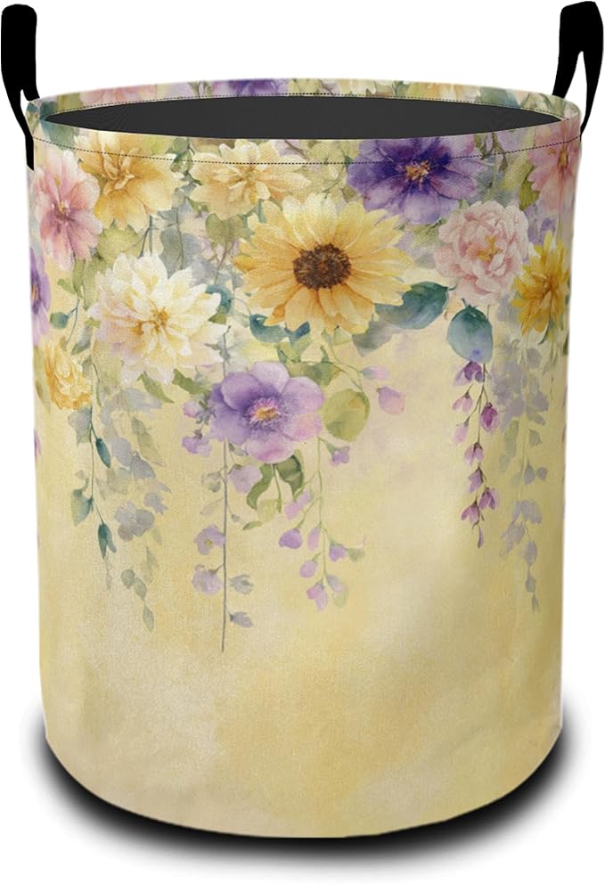 Yellow Wisteria Flowers Laundry Basket-Large Foldable Hamper Holder Portable Tall Collapsible Laundry Hamper Storage Basket Bin with Handles, Canvas & Waterproof lining for Household Items