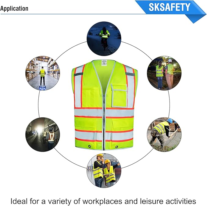 SKSAFETY 10 Pockets Safety Vest, Class 2 High Visibility Security with Zipper, Hi Vis Vest with Reflective Strips, ANSI/ISEA Standard, Construction Work Vest for Men ＆ Women （Lime, 2XL）