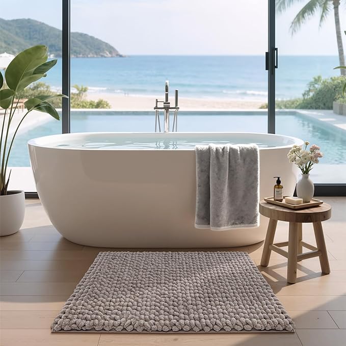 LUMI Luxury Bathroom Rug, Ultra Soft Quick Dry Bath Mat, Non-Slip Absorbent Thick Chenille Bath Rug, Cozy Braid Design Floor Mat for Bathtub, Sink, Laundry, Bedroom, Beige, 17"x30"