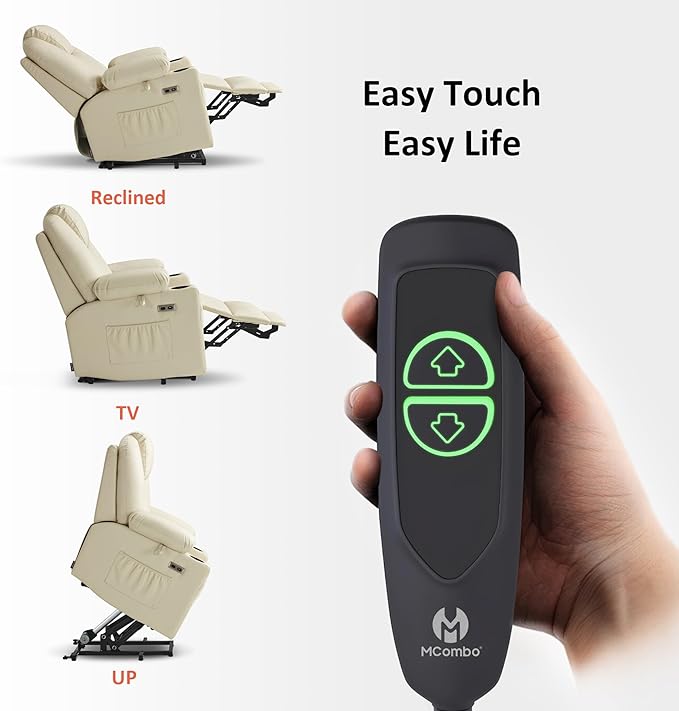 MCombo Power Lift Recliner Chair for Elderly, Lift Chair with Heat and Massage, FSC Certified, USB Ports, Cup Holders, Faux Leather 7141 (Cream White, Small)