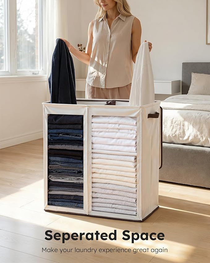 SOLEDI Large Double Laundry Hamper with Lid, Collapsible Clothes Hamper 2 section with Removable Bags, Space-Saving Laundry Basket for Bedroom, Dorm, College