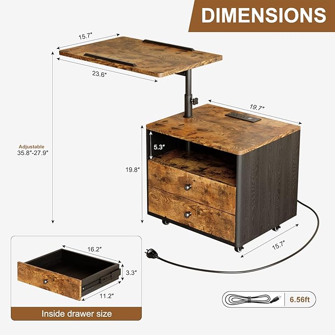 Bedroom Nightstand with Drawers & Charging Station, Adjustable Height Bedside Table with Wheels, Wooden Small Sofa Side Tables with Storage for Living Room, Rustic Brown