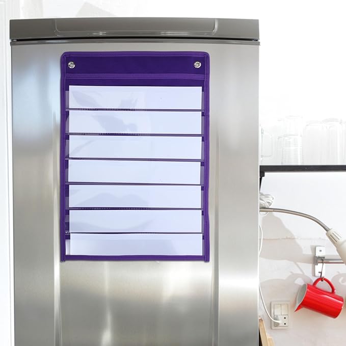 Hanging Pocket Chart Organizer Pouch Polyester Iron Material 10 Dry Erase Cards for Classroom, Wall or Door, Schedule Memo Note Storage Bag Purple