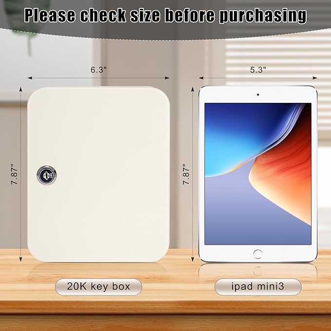 KYODOLED Key Cabinet Wall Mount, Locking Key Organizer, Key Storage Lock Box with Key, Key Management with 20 Key Hooks & Tags Key Labels, 7.87" x 6.29" x 3.14" (Beige, 20 Key)