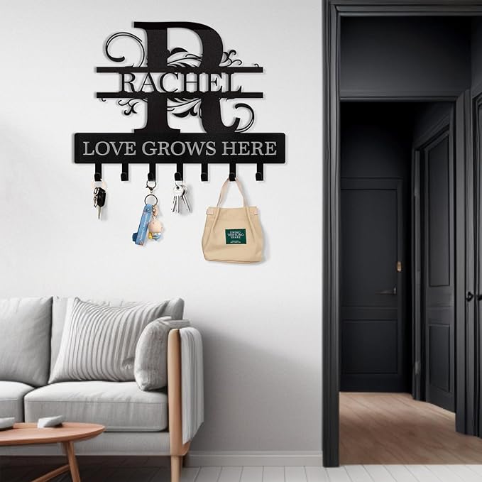 Personalized Key Holder for Wall - Custom Family Name Key Holder Wall Mount, Key Organizer Rack with Monogram Design, Key Rack Coat Hooks for Bedroom Doorway Hallway, Housewarming Gifts