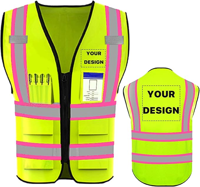 YOWESHOP High Reflective Visibility Safety Vest Custom Your Logo Safety Workwear with Reflective Strips and Pockets