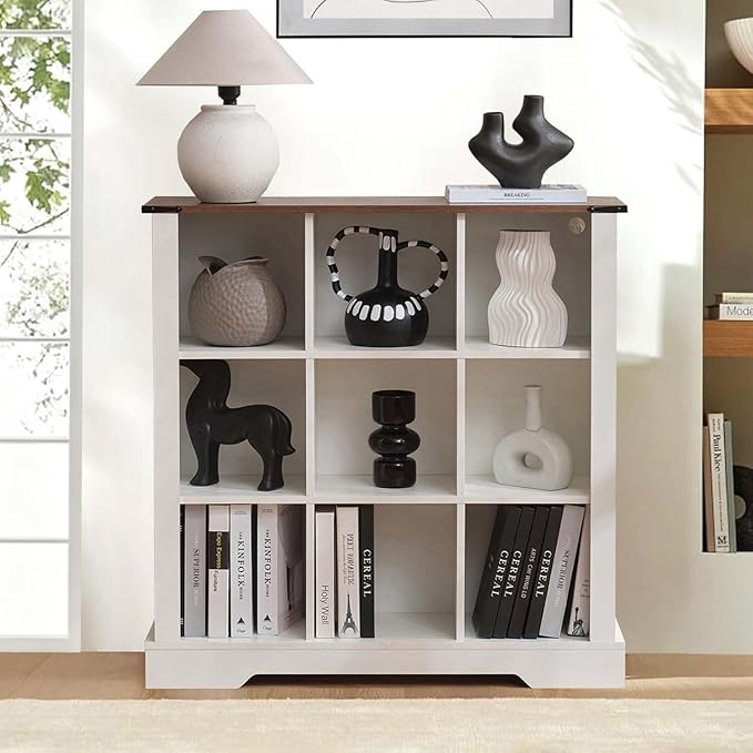 9 Cube Bookcase, Wooden Cube Storage Organizer Shelf, White Horizontal Book Shelf with LED Lights, Freestanding Display Cabinet for Living Room, Hallway TV Stand for Entryway