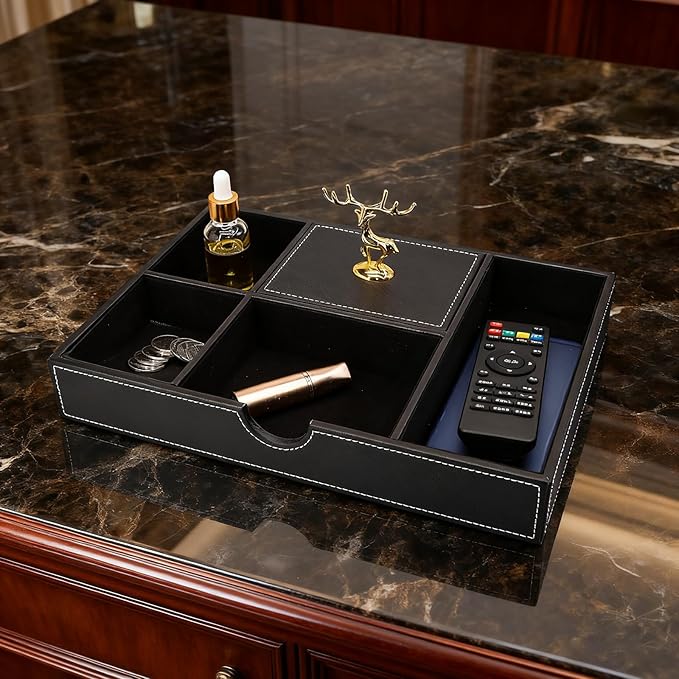 Jewelry Trays Nightstand Organizer, Valet Tray for Men and Women, Tray Organizer, Dressing table Storage box, Dark Brown Faux Leather, 5 Compartment