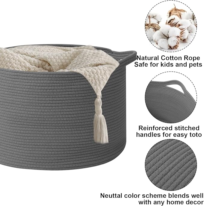 Large Storage Basket with Handle,23.6" x 23.6" x 15.7" Blanket Basket Storage Bins for Organizing,65L Cotton Rope Woven Baskets for Living Room, Nursery ,Bedroom,Dark Gry