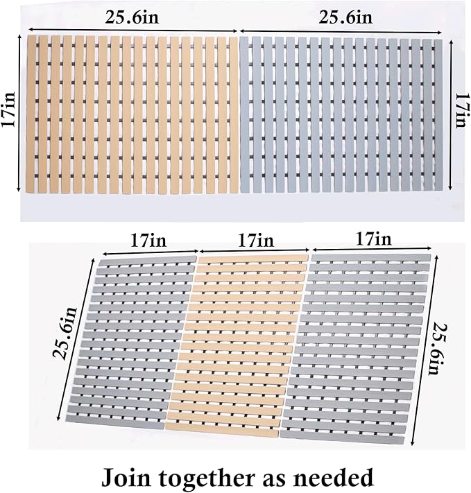 Extra Long Non Slip Shower Mat Without Suction Cups,Heavy Duty Rubber Bathtub Mat Spliceable,Cuttable,Quick Drain,Indoor Outdoor Use,2pack (Grey)…
