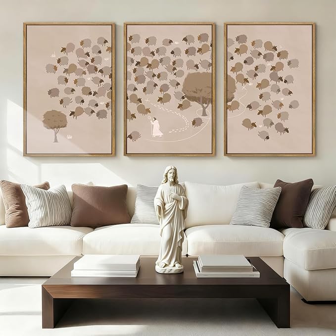 IARTTOP Large Jesus Christian Framed Wall Art 16x24 Inch Beige God Bible Religious Canvas Wall Decor Set of 3 Modern Abstract Jesus Leaves the 99 Sheep Prints for Living Room Dining room
