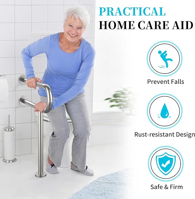 Toilet Support Rail 23.4X 28 Inch, Munzong Anti-Slip Satin Brushed Nickel Handicap Grab Bar for Bathroom, Stainless Steel Knurled Safety handrails with Leg for Elderly Disabled Pregnant-1.25’Tube