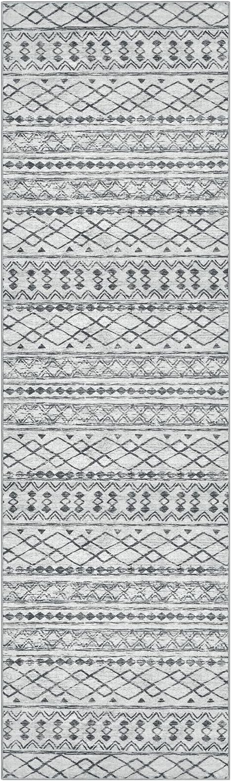 KUTA Boho Runners for Hallways 2x8 Grey Moroccan Washable Runner Rug Non-Slip Vintage Kitchen Rugs Ultra Soft Distressed Geometric Floor Carpet for Bedroom Laundry Living Room