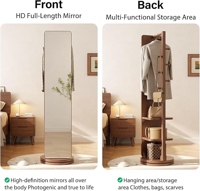 Full Length Mirror with Stand,Mirror Coat Rack,65.7 ''×15.8 ''Floor Mirror for Bedroom, Living Room, Dressing Room(Walnut)