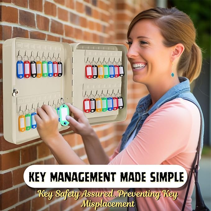 Flexzion Key Box Wall Mount with Code, Key Cabinet with 60 Key Holder Organizer Locker Case, Colored Key Tags & Hooks Wall Mounted Lock Box for Keys Storage, Homes, Property, Hotels, Business (Gray)