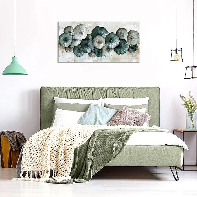 Abstract Cyan Floral Flower Wall Art for Living Room Office Contemporary Art Deco White Painting Prints Modern Canvas Artwork Over The Couch Bedroom Decor