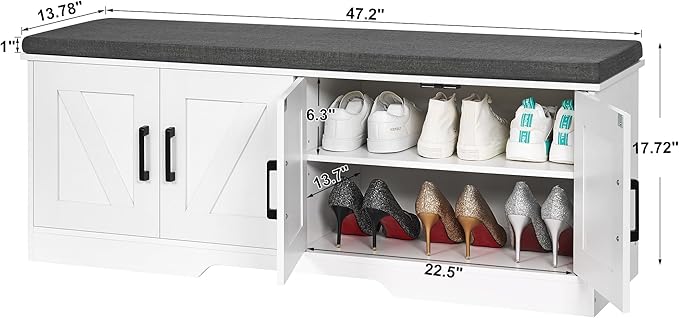 2-Tier Storage Bench, 47.2" Wide Shoe Bench with Padded Seat Cushion, Entryway Bench with 4 Barn Doors and Adjustable Shelf, White