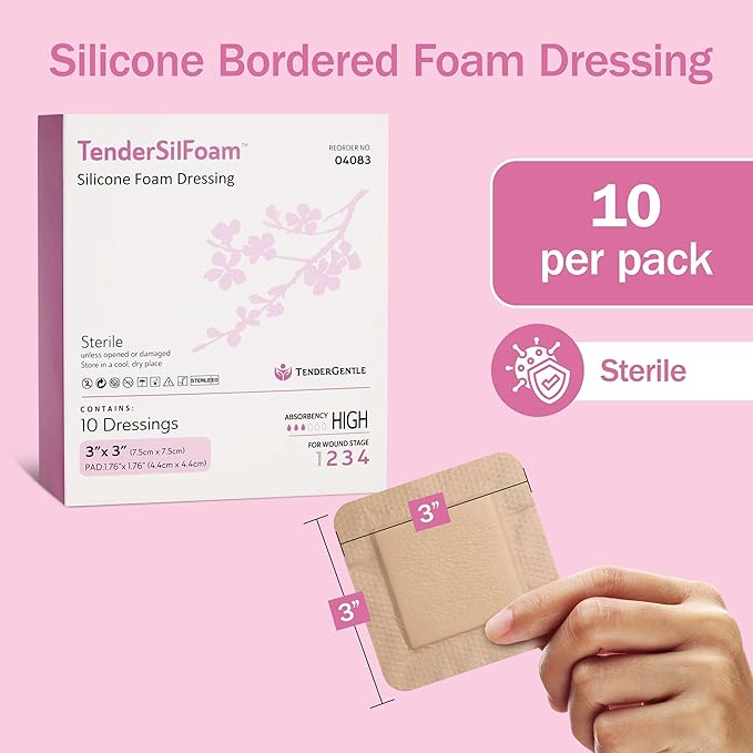 Bordered Silicone Foam Bandages - 10 3x3 Sterile Silicone Foam Dressings for Wound Care, & Dressings - Absorbent Bed Sore Protectors - Good for Sensitive Skin