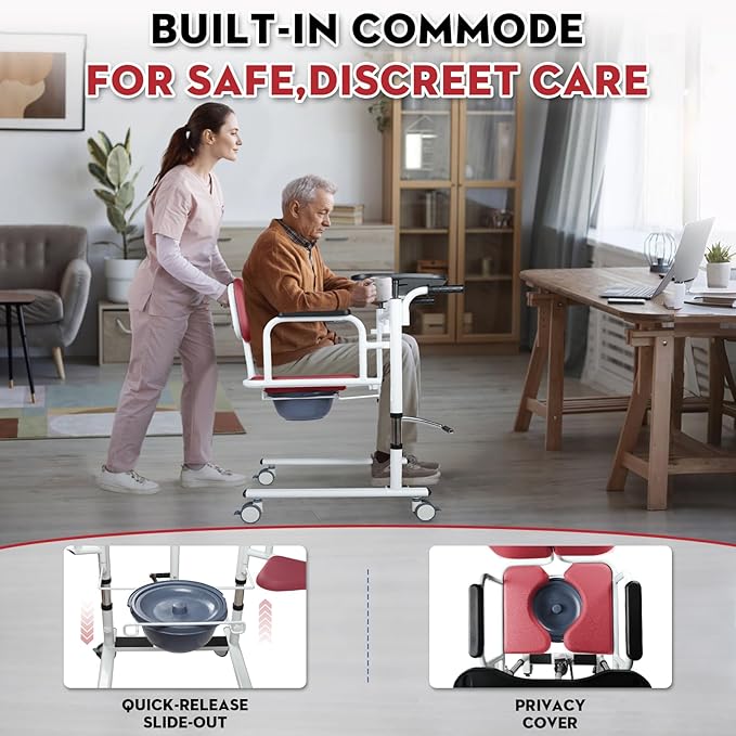 Drexo Patient Lift Transfer Chair, 5 in 1 Patient Lift Chair with 180°Split Seat, Height Adjustable Patient Transfer Chair with 4 Casters for Home Seniors Elderly, Load 450Lbs (Non-Fold, Red)