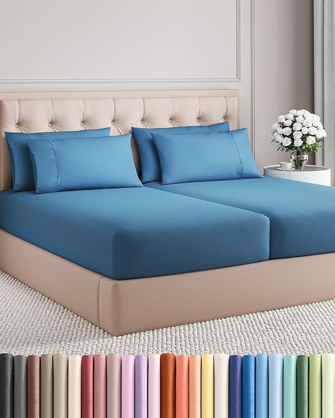 Split King 7 Piece Sheet Set - Cooling & Breathable Bed Sheets - Hotel Luxury Bed Sheets for Women, Men, Kids & Teens - Deep Pockets - Easy Fit - Soft and Wrinkle Free - Split King Denim Blue Sheets