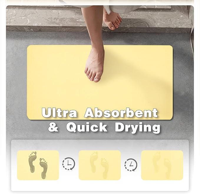 Bathroom Mat Quick Dry, Bathroom Rugs Non Slip Washable Thin Absorbent Bath Mat Fits Under Door Bathroom Floor Mat Perfect for Bath, Shower, or Sink 24"x70" Light Yellow