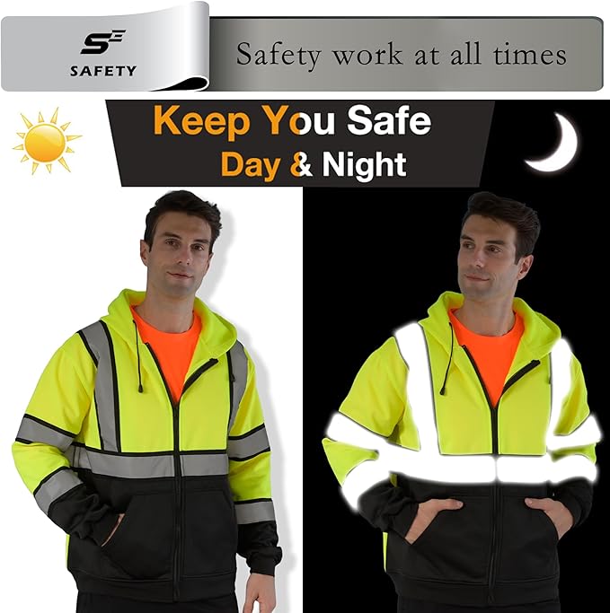 sesafety Hi-Vis Zipper Hoodie, Class 3 Reflective Safety Sweatshirt with Black Bottom, High visibility Jacket for Men
