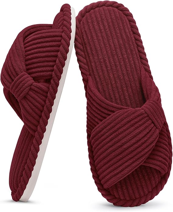 Evshine Fall House Slippers for Women Corduroy Cross Bow Indoor Slippers Open Toe Slip On Bedroom Shoes with Memory Foam