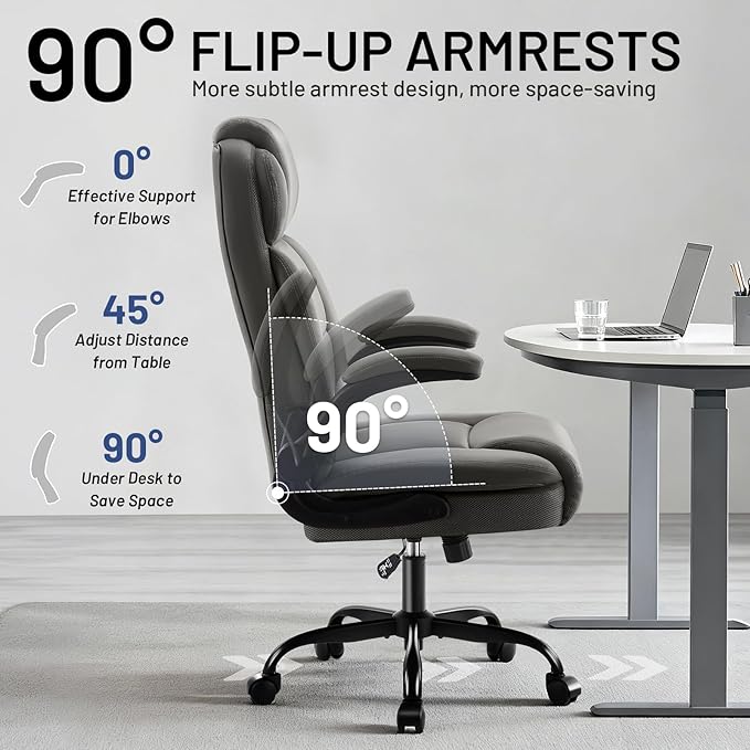 Ergonomic Office Chair with High Back Headrest, PU Leather Executive Desk Chair - Padded Flip-Up Armrests, Lumbar Support, Swivel Computer Chair for Home Office & Gaming, Gray