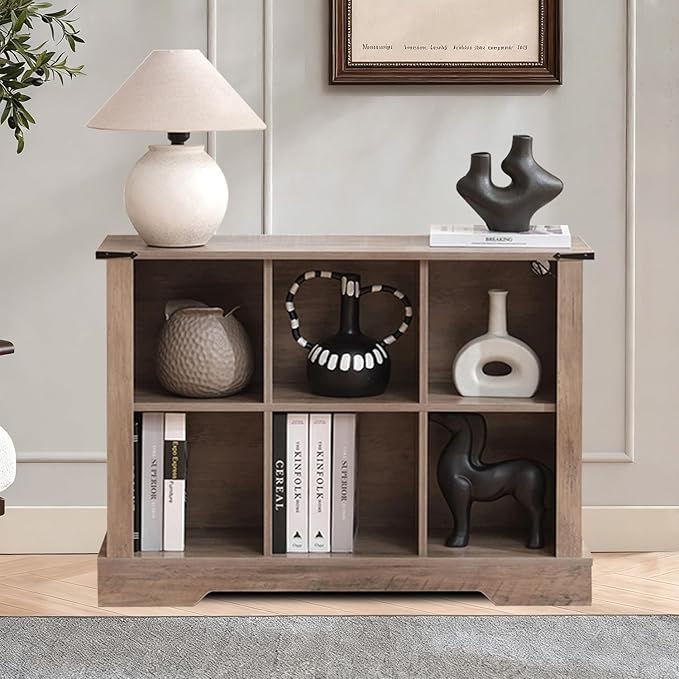 6 Cube Bookcase, Wooden Cube Storage Organizer Shelf, Grey Horizontal Book Shelf with LED Lights, Freestanding Display Cabinet for Living Room, Hallway TV Stand for Entryway