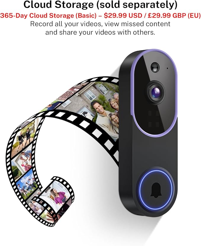 Smart 1080p Video Doorbell Camera with Doorbell Receiver, Live View, AI Human Detection, 2-Way Audio, Night Vision, Cloud Storage (Sold Separately), 2.4G WiFi