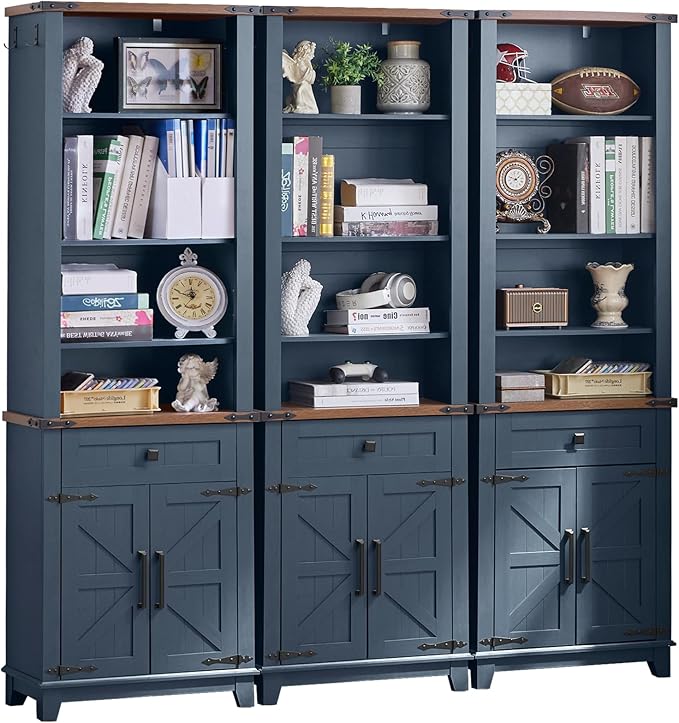 72in Tall Bookshelf 7 Tier Bookcase with Drawer and Barn Doors and Adjustable Shelves, Blue Farmhouse Book Shelf with Storage Cabinet, Wood Freestanding Display Bookshelves for Kitchen (3PCS)