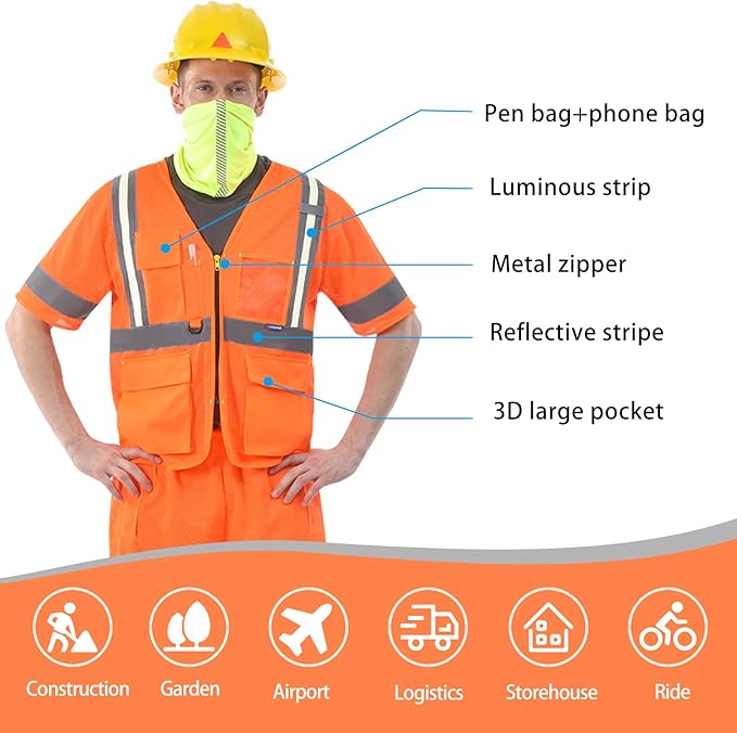 A-SAFETY Big and tall High vis Reflective Mesh safety Vest ANSI Class 3,with Pockets and Zipper