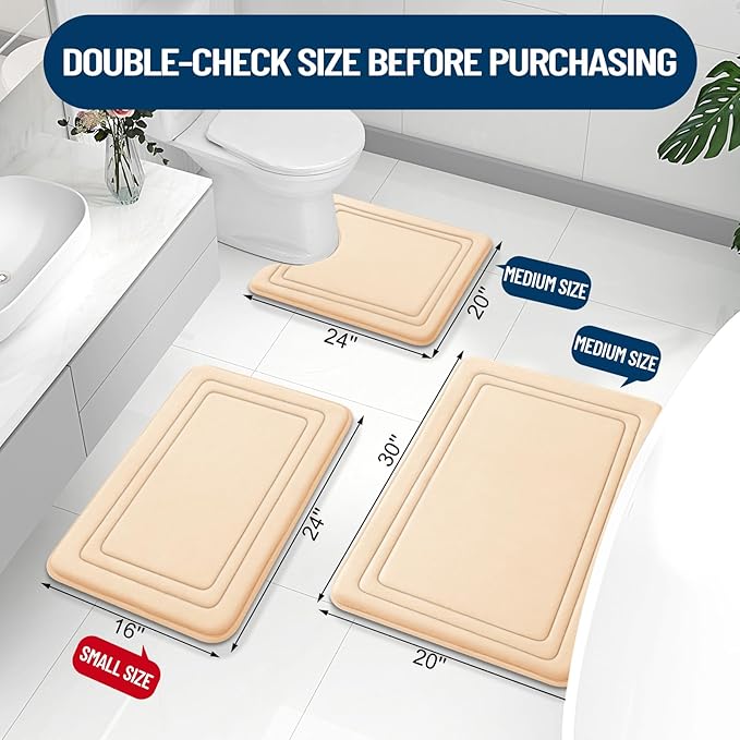 Grandaily Memory Foam Bath Mat Rug 30x20, Ultra Soft, Non-Slip and Absorbent Bathroom Rugs, Machine Wash Dry, Comfortable Bath Carpet for Bathroom Floor, Tub and Shower, Beige