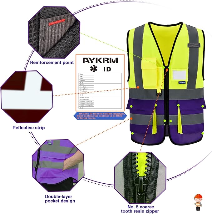 SMALL High Visibility Safety Vest with ZIPPER Yellow&Purple
