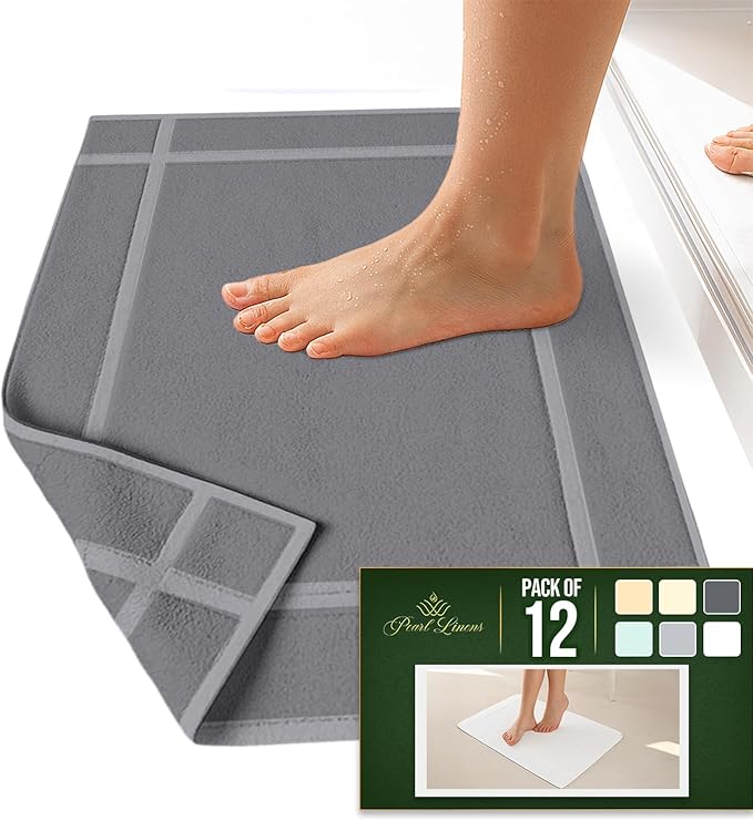 Pearl Linens 100% Ring Spun Cotton Bath Mat (Pack of 12) 18 x 25 Inch, Washable, Soft & Absorbent Terry Bathroom Floor Mat – Not Bathroom Rugs – Quick-Dry After Shower Bath Mat, 687 GSM, Light Grey