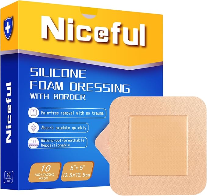 Silicone Foam Dressing 5x5 inch - Large Bandages for Wounds (10Pcs), Waterproof, Absorbent, Bed Sore Bandages Wound Care Dressing