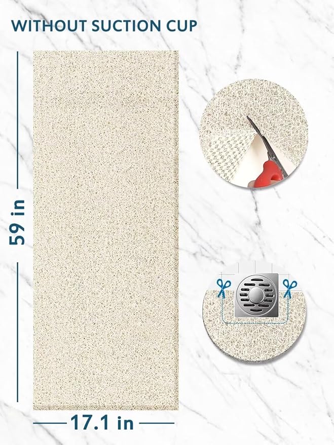 godehone Shower Mats Non Slip Without Suction Cups, PVC Loofah Bathroom Mats, Loofah Mats for Shower and Bathroom, Quick Drying, 17.1× 59 Inch, Beige