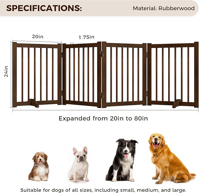 Solid Wood Freestanding Pet Gate - 4 Panels 24" - Folding Safety Fence with 2 Support Feet - Ideal for Stairs, Doorways, Halls, Kitchens - Indoor Wooden Dog Gate - Walnut Color
