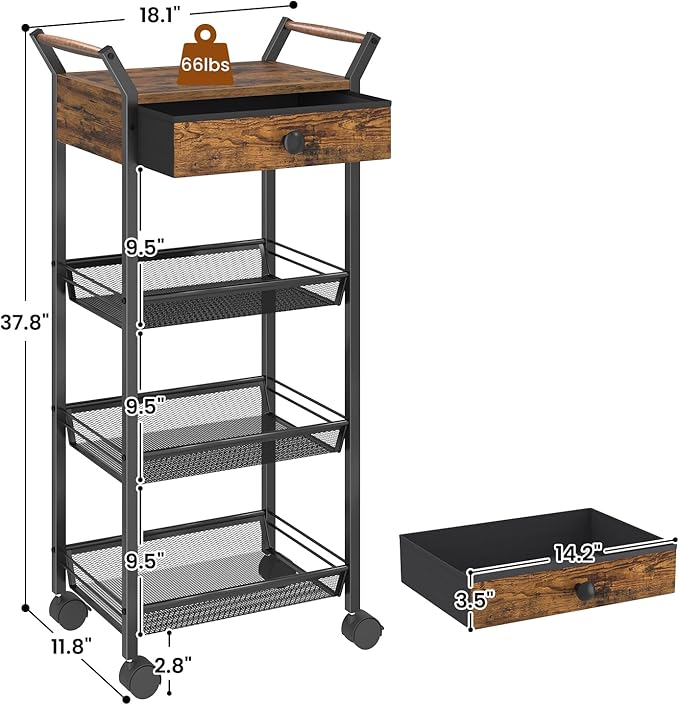 5-Tier Storage Cart, Rolling Utility Cart, Metal Fruit Vegetable Basket for Kitchen, with Handle, Lockable Wheels, Drawer, Rolling Cart Organizer for Pantry, Makeup, Rustic Brown