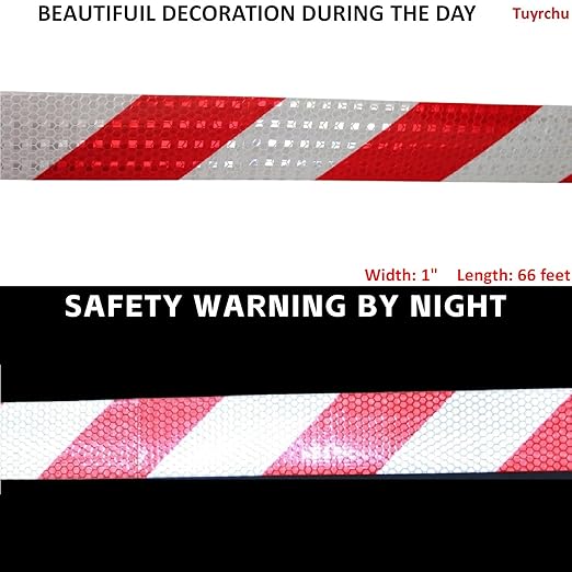 Red and White Reflective Tape Outdoor Waterproof 1 inch Wide, High Visibility Hazard Conspicuity Industrial Marking Tape (66 feet)