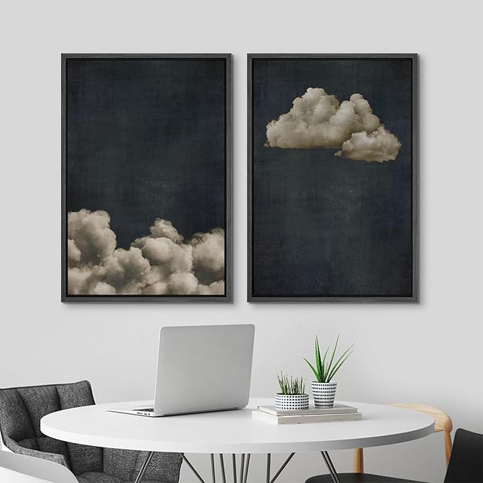 MUDECOR Framed Canvas Print Wall Art Vintage Cloudscape Dark Moody Sky with Floating Clouds Illustrations Modern Art Decorative Chic for Living Room, Bedroom, Office - 24"x36"x2 Black