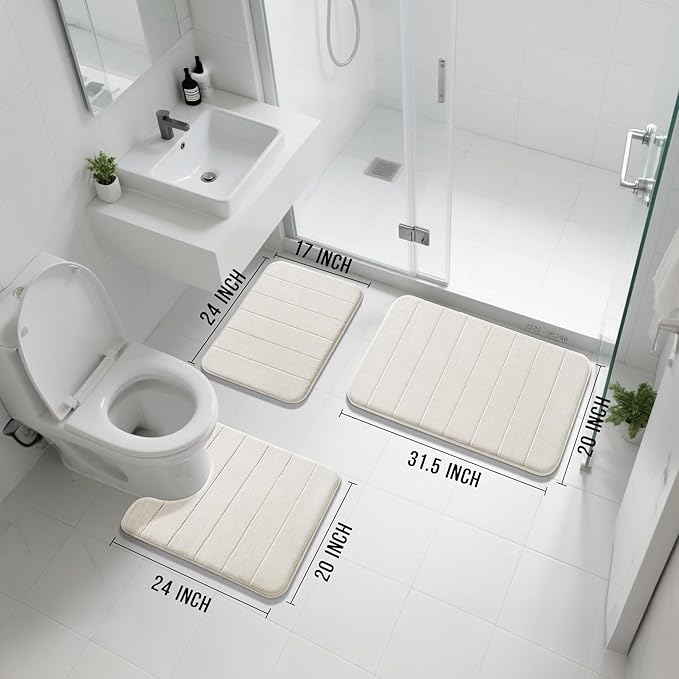 Yimobra Memory Foam Bath Mat Set 3 Pieces- Super Soft Absorbent Quick Dry Bathroom Rug Sets, Machine Washable Non Slip Floor Carpet for Tub Shower, Vanity & Toilet Base, Cream White