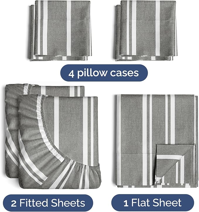 Split King 7 Piece Sheet Set - Cooling & Breathable Bed Sheets - Hotel Luxury Bed Sheets for Women, Men, Kids & Teens - Deep Pockets - Easy Fit - Soft & Wrinkle Free - Split King Grey Stripes Sheets