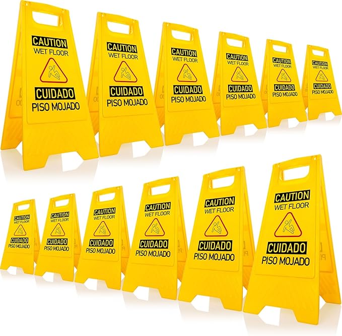 12-Pack Bilingual Caution Wet Floor Signs, A-Frame Double-Sided Warning Signs for Indoor & Outdoor Commercial Use, Foldable & Sturdy for Kitchen, Pool, Hotel and Workplace Safety